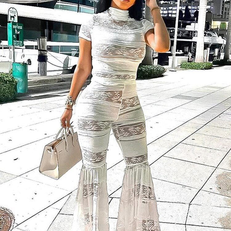 Fall Two Piece Sets Outfits Women Short Sleeve Lace Mesh Tops High Waist Pants Suits Autumn Party Club Matching Sets White