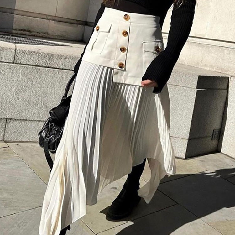 Fashion Women's Skirt High Waist Spliced Single Breasted Pleated Irregular Solid Color Long Skirts Spring 2023 New 17A6142