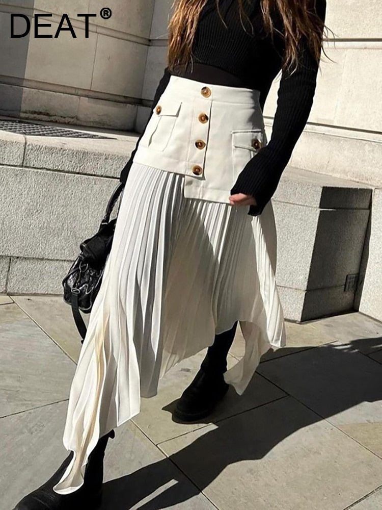 Fashion Women's Skirt High Waist Spliced Single Breasted Pleated Irregular Solid Color Long Skirts Spring 2023 New 17A6142