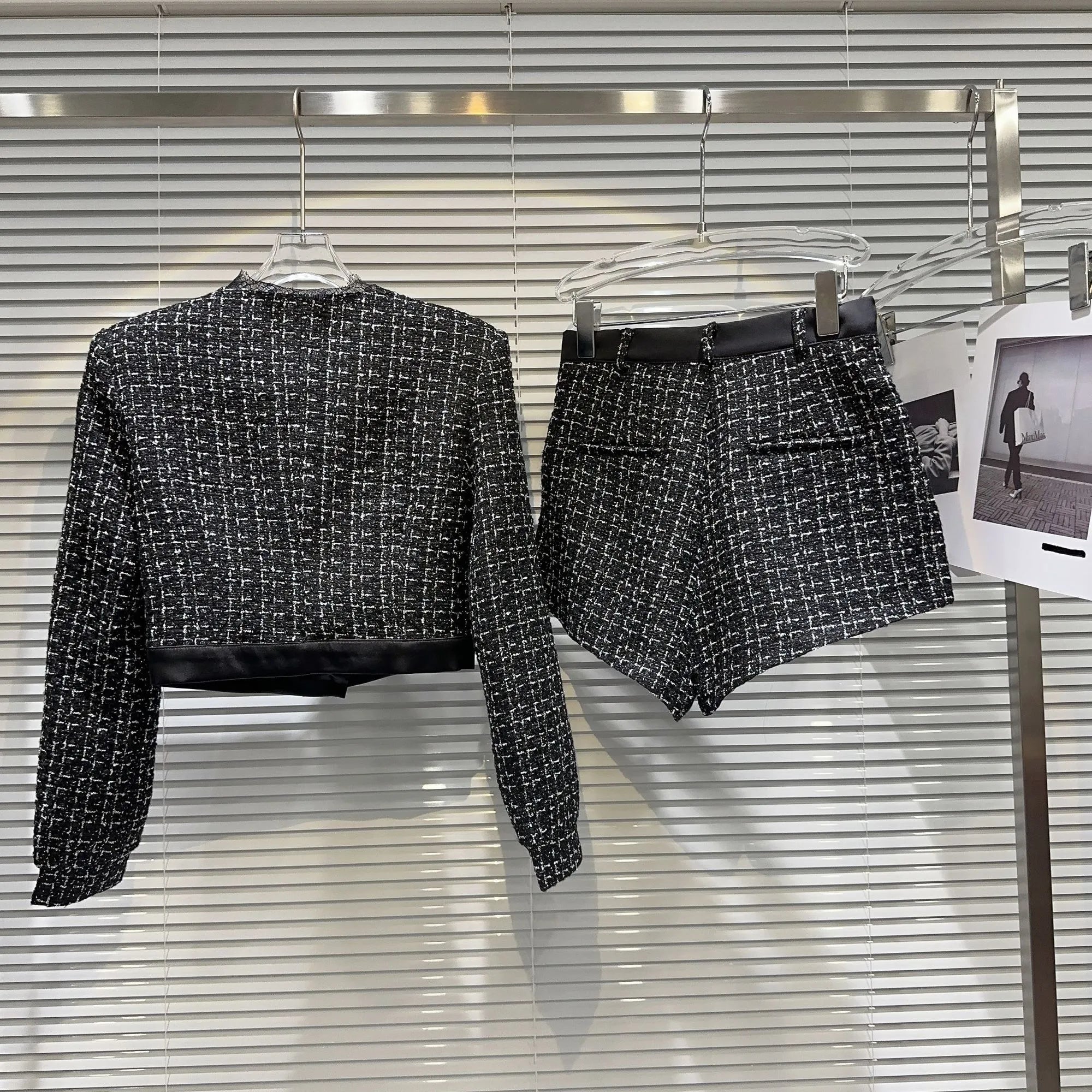 PREPOMP Autumn New Arrival Feathers Camisole Floral Pin Plaid Jacket Slim Shorts Three Piece Set Outfits Women GL610