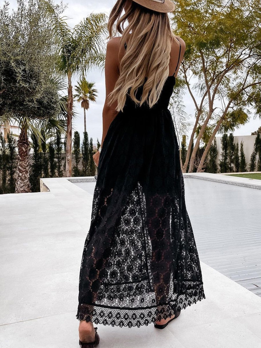 Summer V Neck Solid Color Lace Hollow-Out Sleeveless Sling Party Wear High Waist Rompers Holiday Casual White Women's Jumpsuit