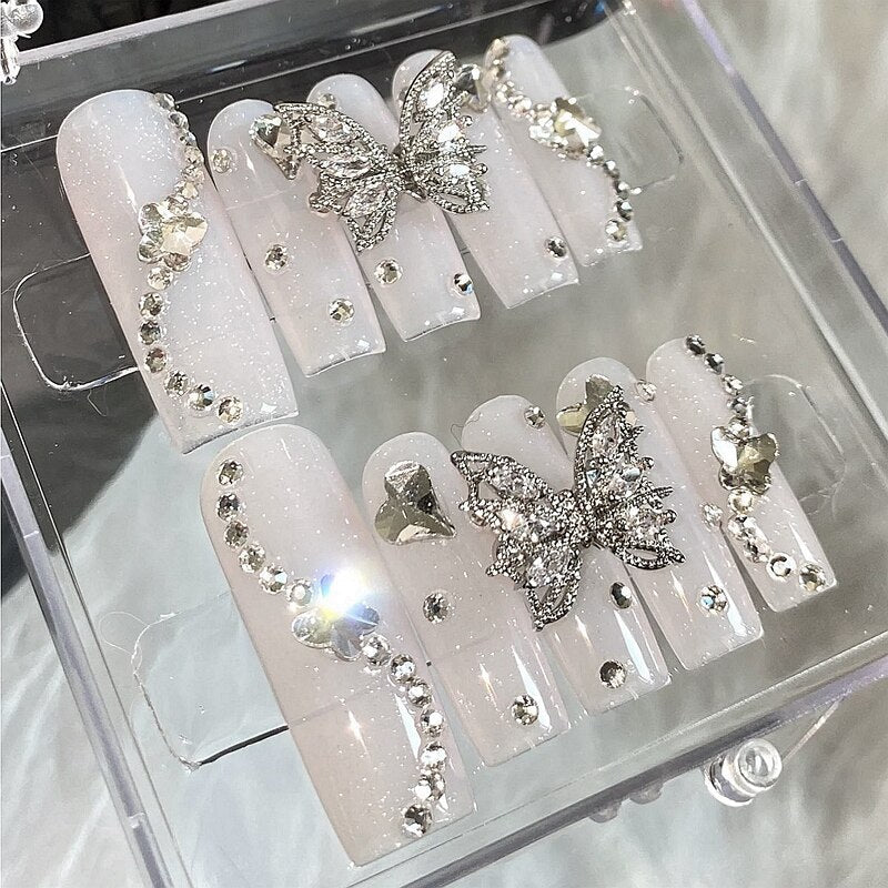 Handmade Luxury 3XL Full Cover False Nail Tips Glittery Rhinestone Press On Nails Y2K Reusable XXL XL Long Fake Nail With Glue