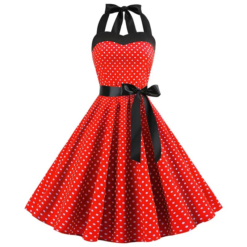 Polka Dot Dress Women Vintage Swing Halter Belt 50s 60s Rockabilly Prom Party Dresses Retro Feminino Vestidos 1014-RED