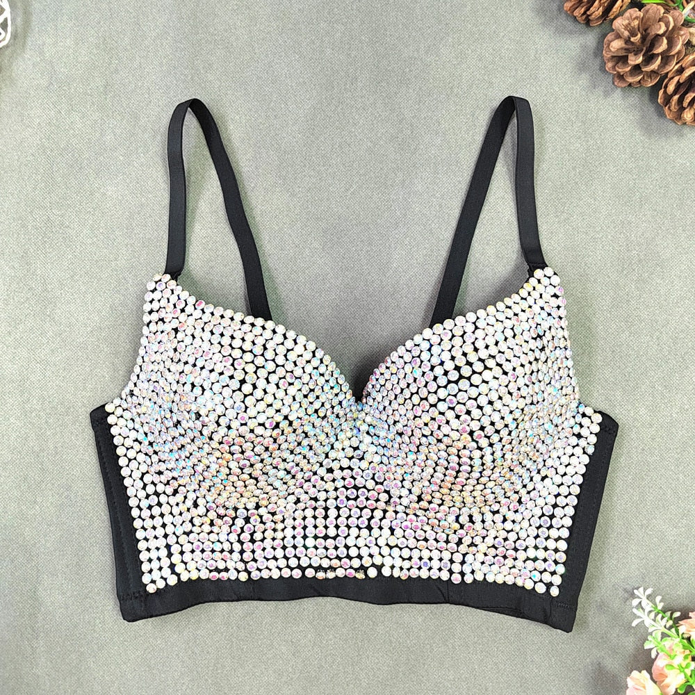 Women Tank Tops Luxury Sequined Rhinestone Pearl Wedding Push Up Bra Woman Clothes Camis Stage Ladies Crop Top Corset y2k Blusas 18-black AB