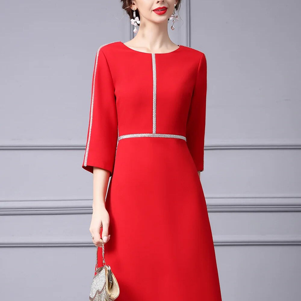 Autumn Fashion Beading Party Formal Occasion Dresses for Women Elegant Christmas Red Midi Vestidos Fiesta Aline Robe red