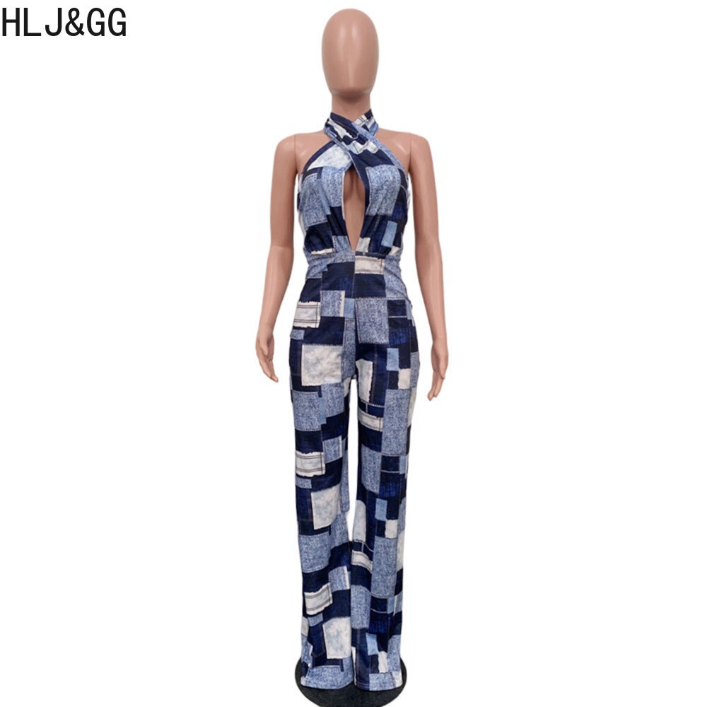 Blue Sexy Denim Color Patchwork Jumpsuits Women Hollow Out Halter One Piece Playsuits Casual Plaid Printing Overalls