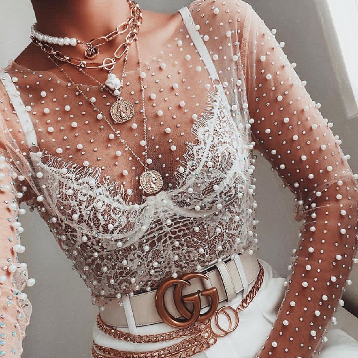 Sexy See Through T Shirt Women Mesh Patchwork Diamonds Pearl Slim T-Shirts Elegant Crop Tops Female 2023 Spring Clothes