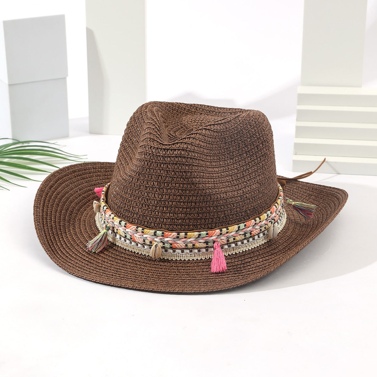 Women Pink Tassel Cowboy Hat Floppy Beach Hats Summer Straw Hats Ladies UV Protection Hat Panama Sun Hat coffee