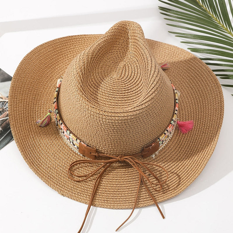 Women Pink Tassel Cowboy Hat Floppy Beach Hats Summer Straw Hats Ladies UV Protection Hat Panama Sun Hat