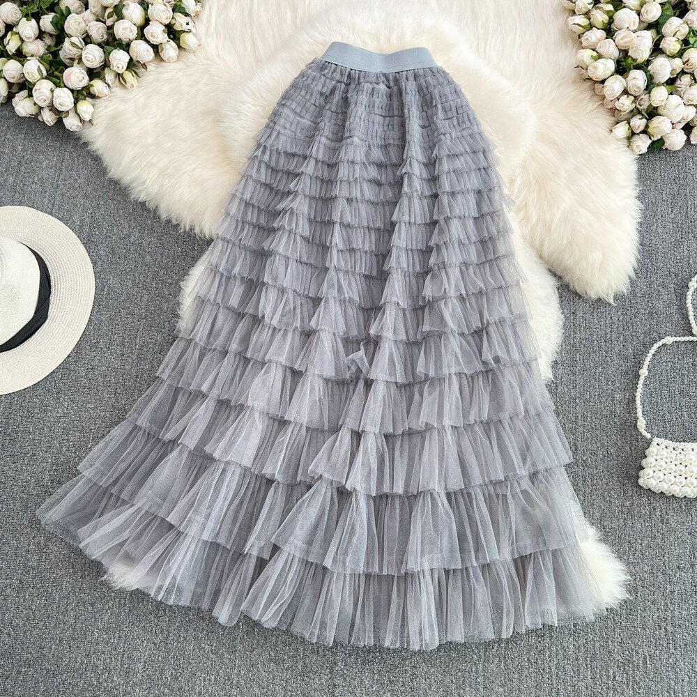 Super Long 97cm Maxi Tulle Skirts for Women 2023 New Chic Patchwork Cake Skirt Multilayer Large Swing A-Line Skirts Mujer Faldas Gray One Size