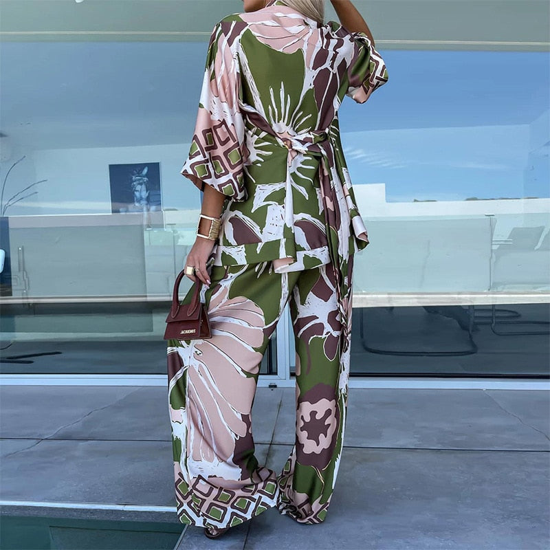 Fashion Casual Bohemia Print Loose Beach Set Spring Wide Leg Long Pants Suits Autumn Women Quarter-Sleeved Cardigan Shirt Outfit
