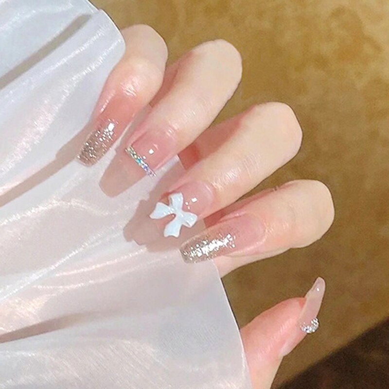 24pcs False Nails Floral Beads Decorated Artificial Nail Tips Bride Reusable Fingernails Fake Nail Press On Nail накладные ногти 42