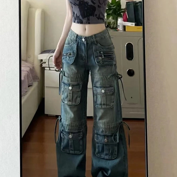 Women BF Style Y2k Streetwear Harajuku Baggy Multi-Pocket Blue Denim Cargo Pants Low Waisted Wide Leg Jeans 2000s Aesthetic Kpop Blue