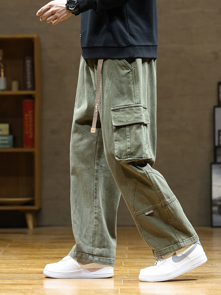 Autumn New Cargo Pants Men Multi-Pockets Cotton Casual Wide Pants Male Workwear Loose Straight Trousers Big Size 7XL 8XL Army Green
