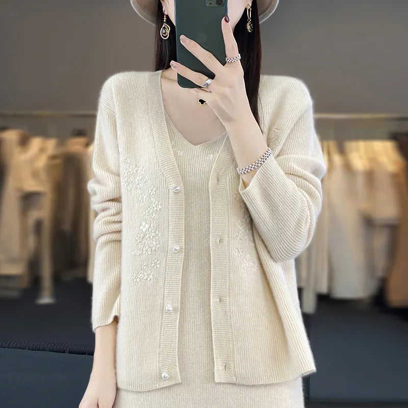 Autumn and Winter Pure Wool Fashion Versatile Cardigan Hanging Dress Set Large Women's Sweater