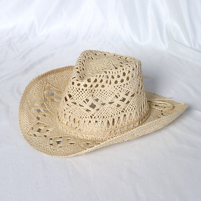 Cowboy hat fashion hollow handmade cowboy straw hat men's summer outdoor travel beach hat unisex solid color western cowboy hat 3 M55-58cm