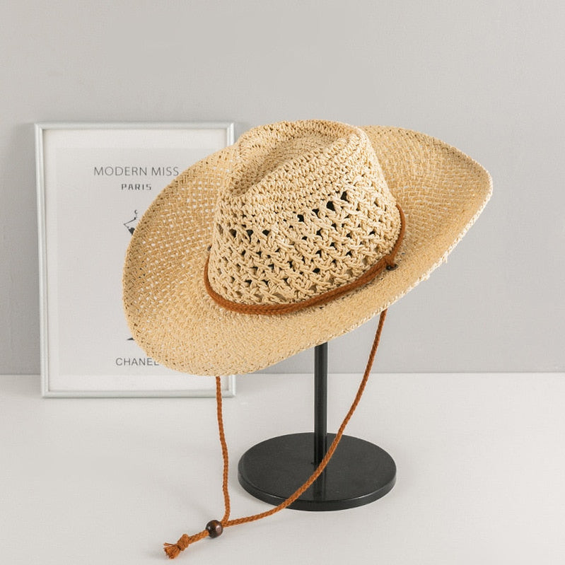 Cowboy hat fashion hollow handmade cowboy straw hat men's summer outdoor travel beach hat unisex solid color western cowboy hat 14 M55-58cm