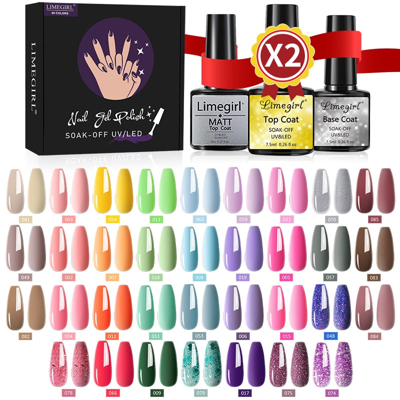 Limegirl Gel Nail Polish Set Kit Pink Glitter Popular Spring 60/40/24 Colors Semi Permanent UV Led Gel Varnish Soak Off Nail