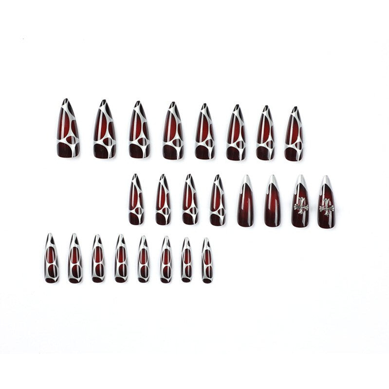 super cool fake nail silver false nail sharp press on nail red black spider special-shaped Punk Artificial Nail Salon Manicure