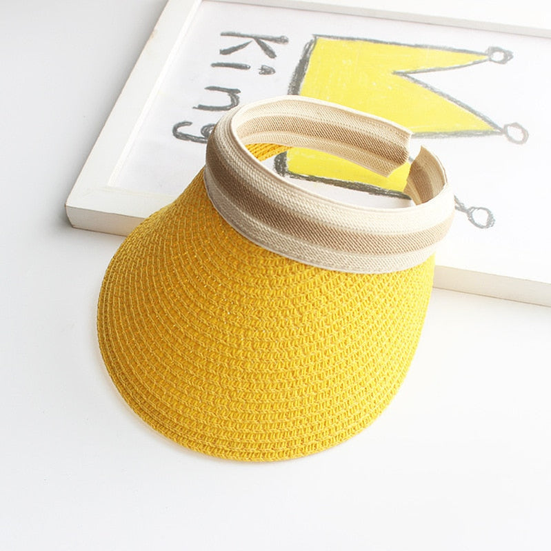 Summer Empty Top Sun Hat - Female Outdoor Visor Cap Casual Shade Hat Straw Wide Large Brim Beach Sunhat Lady 0672-Yellow