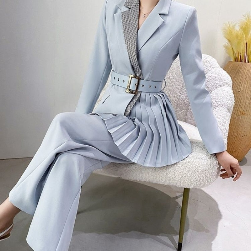 Dress Irregular Pleated Thin Blazers Coat OL Turn Down Collar Suit Cardigan Belted Jacket Tops + Long Pants Spring Fall 2pcs Set