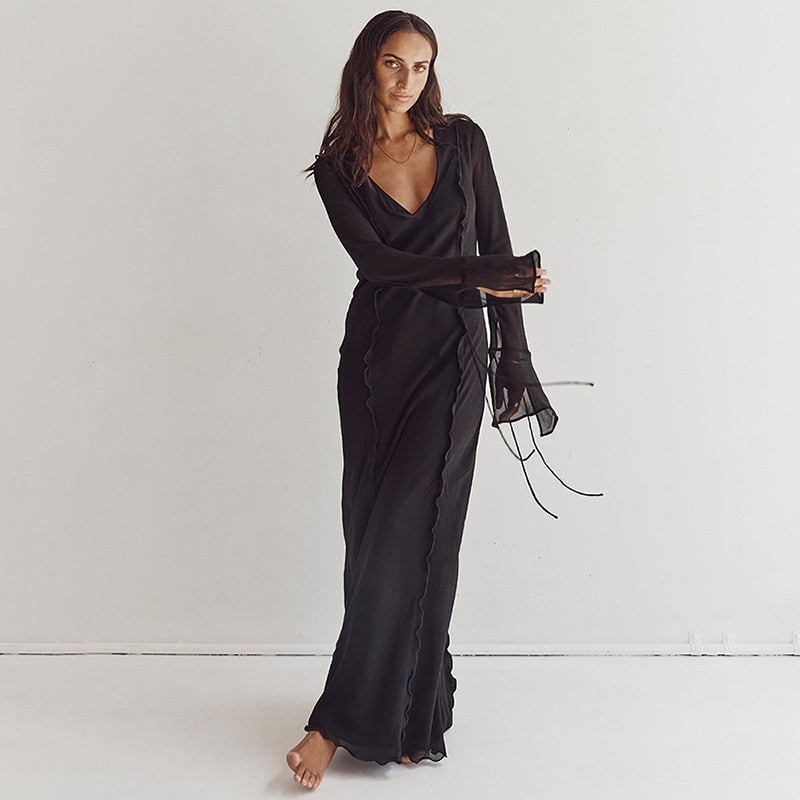 Elegant Black Sheer Beach Dress Women Sexy Flare Sleeve Mesh Tassel Bodycon Summer Dress 2023 Night Party Long Dress Cover-Ups