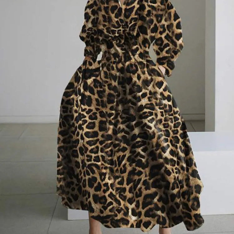 S-5XL Korean Fashion Long Sleeve Shirt Dress Chic Turndown Neck Ruched Maxi Dress Women Autumn Winter Clothes Streetwear yellow Leopard