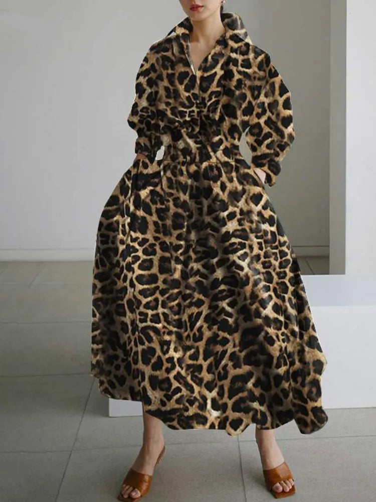 S-5XL Korean Fashion Long Sleeve Shirt Dress Chic Turndown Neck Ruched Maxi Dress Women Autumn Winter Clothes Streetwear yellow Leopard