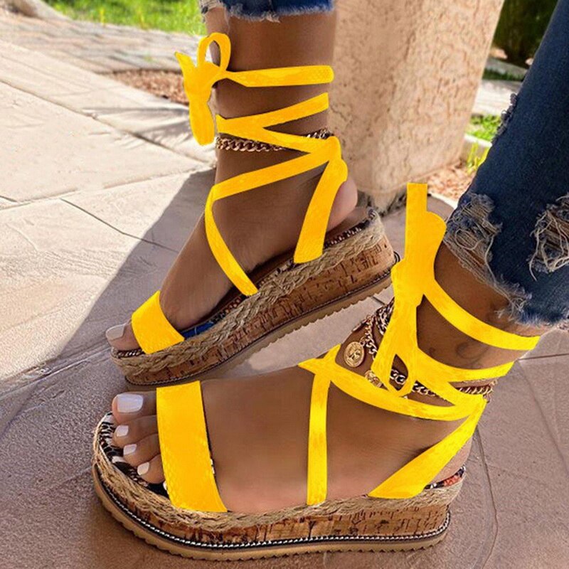 New Summer Women Snake Sandals Platform Heels Cross Strap Ankle Lace Peep Toe Beach Party Ladies Shoes Zapatos Sandals yellow A