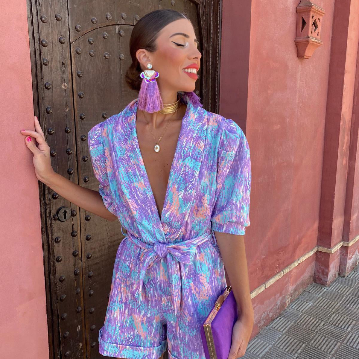 Skinny Playsuits For Women Deep V Neck Short Sleeve Spliced High Waist Print Playsuit Female Summer Fashion Style Jumpsuits
