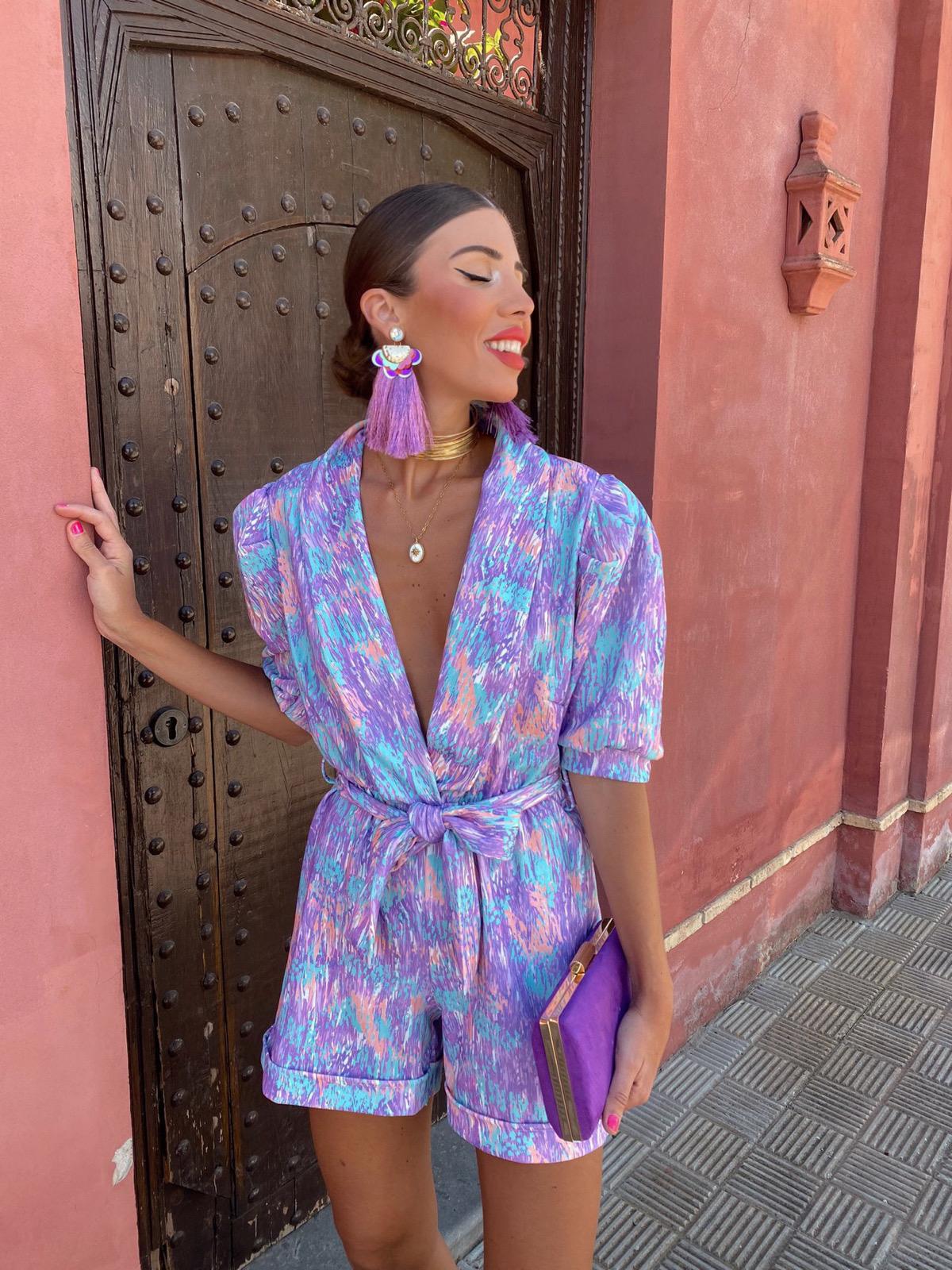 Skinny Playsuits For Women Deep V Neck Short Sleeve Spliced High Waist Print Playsuit Female Summer Fashion Style Jumpsuits