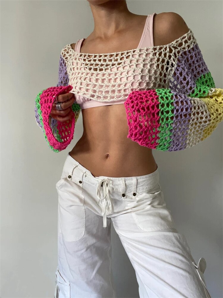 2023 Summer Long Sleeve Smock Knitted Crop Top Women Y2k Beach Sexy Backless Hollow Out T Shirts Green Party Casual Pullovers
