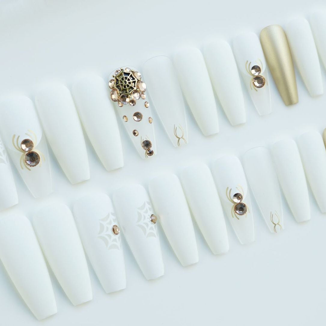 3D Halloween fake nails gold spider with glitter diamond designs long french coffin tips faux ongles press on false nail supplie
