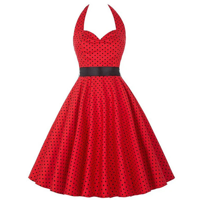 Polka Dot Dress Women Vintage Swing Halter Belt 50s 60s Rockabilly Prom Party Dresses Retro Feminino Vestidos 563