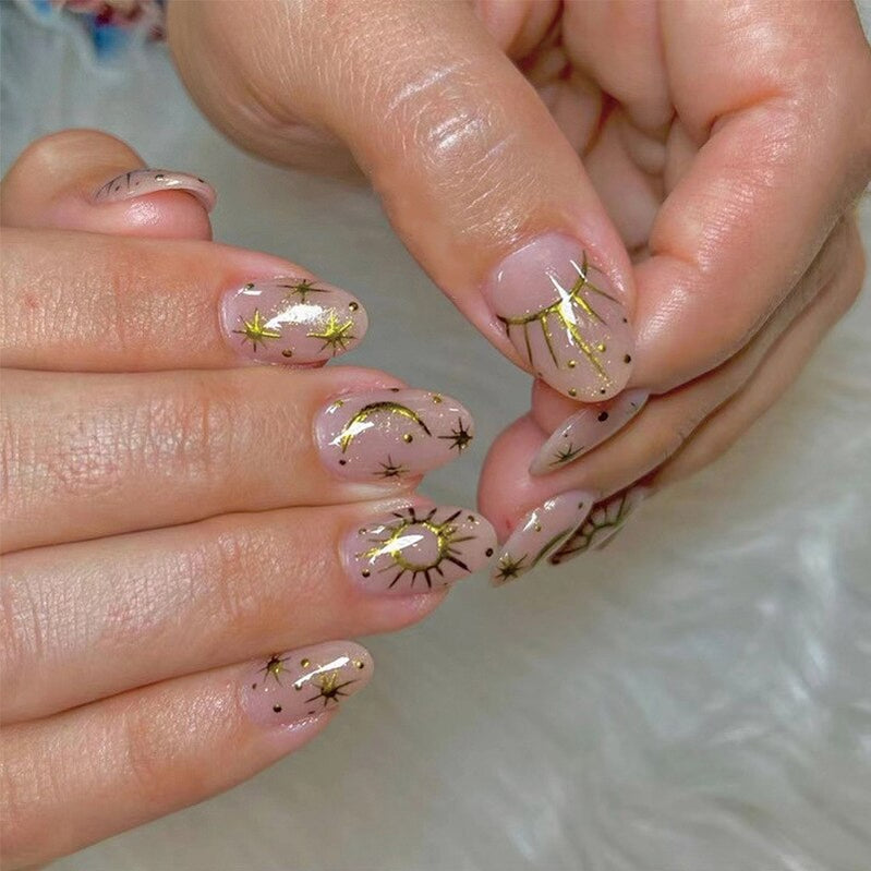 New Medium Coffin Fake Nails 24pcs Gold Eye Pattern Artificial Nails For Girls Wearable Full Cover European False Nail Tips CN B3