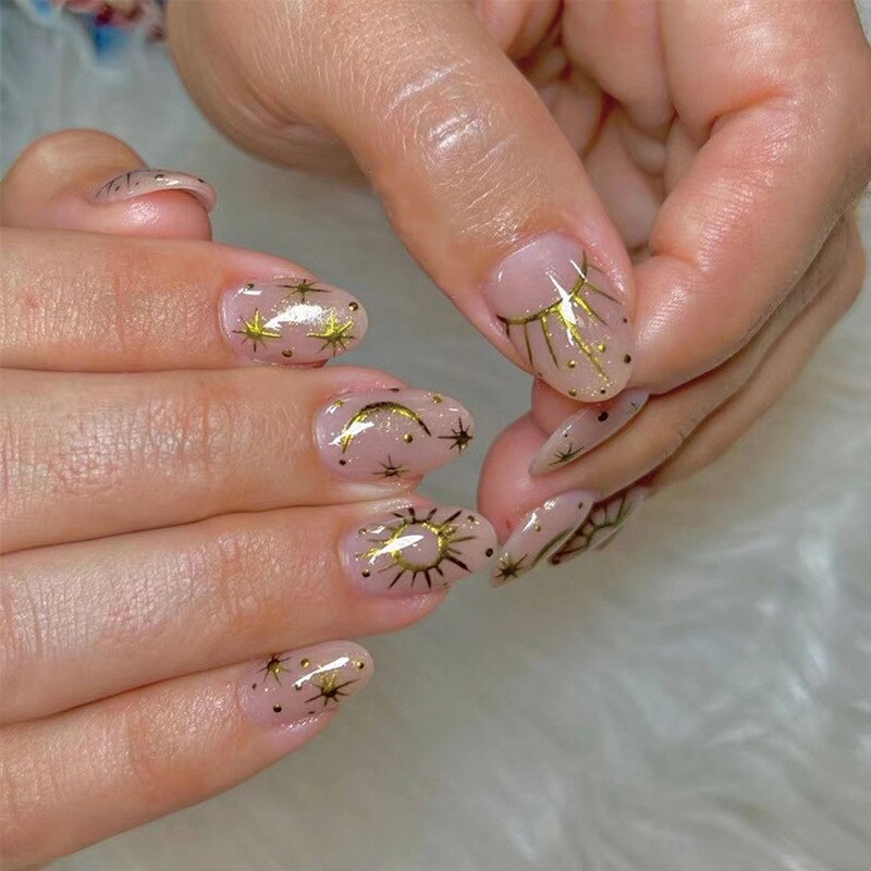 New Medium Coffin Fake Nails 24pcs Gold Eye Pattern Artificial Nails For Girls Wearable Full Cover European False Nail Tips CN B3