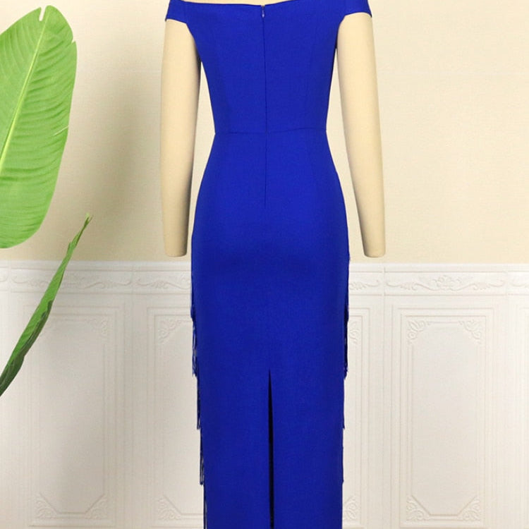 Women Dresses Blue Tassels Fringe Sexy Party Off Shoulder Sleevless Elegant Bodycon Long Cocktail Birthday Outfits Celebrate New