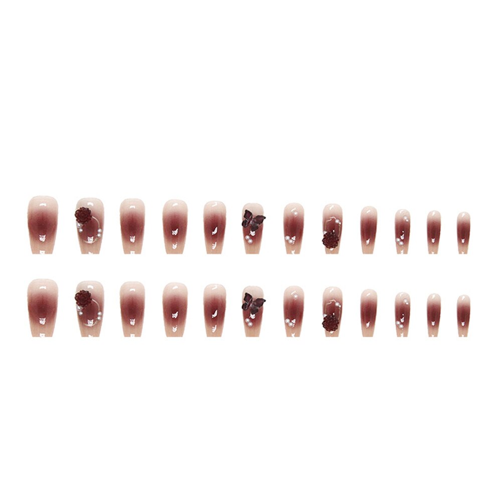 Trendy Crystal 3D Butterfly False Nail Tips Elegant Camellia Ballerina Manicure French Coffin Fake Nails Set Press on Nails