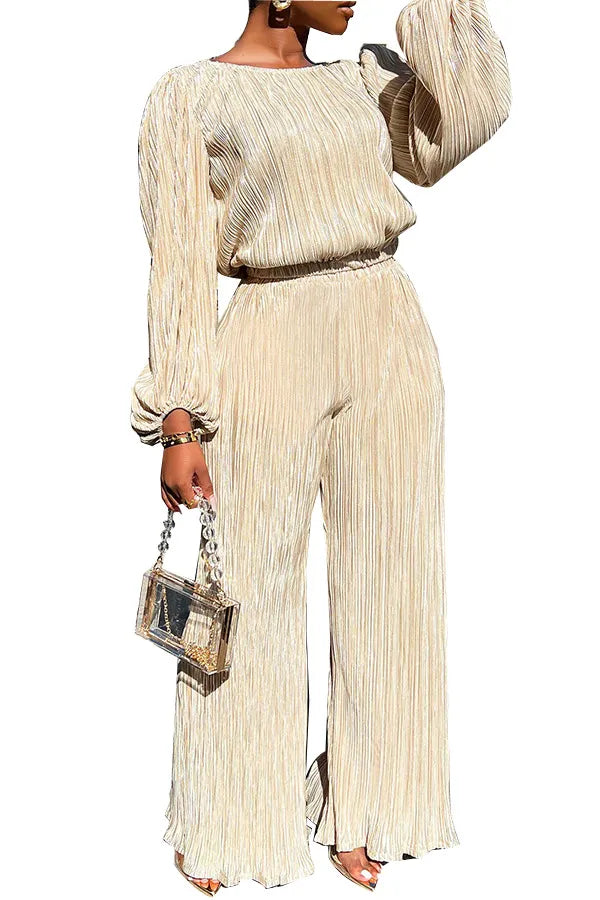 High Elasticity Two Piece Set for Women Long Sleeve O neck Tops Women's Tracksuit Female Casuals Home Loose Wide Leg Pant Sets Apricot