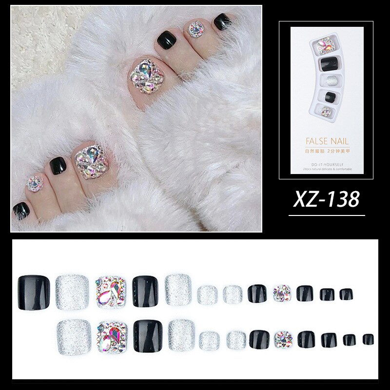 Summer Gold Full Diamond Feet Nails Press On Fake Glitter Toe Nail Stickers Full Cover Toe Nail Tips False Foot Nails