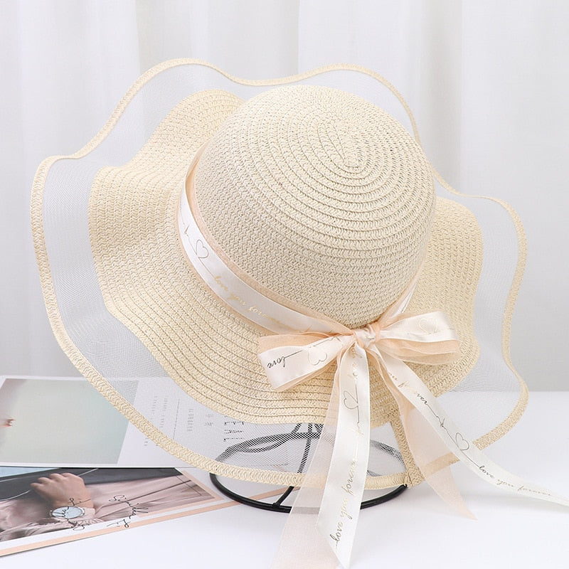 Korean Style Woman Straw Hat Bow Ribbon Large Brim Sunshade Ins Outing Fashion Beach Holiday ladies sun Hat Beige 57 cm