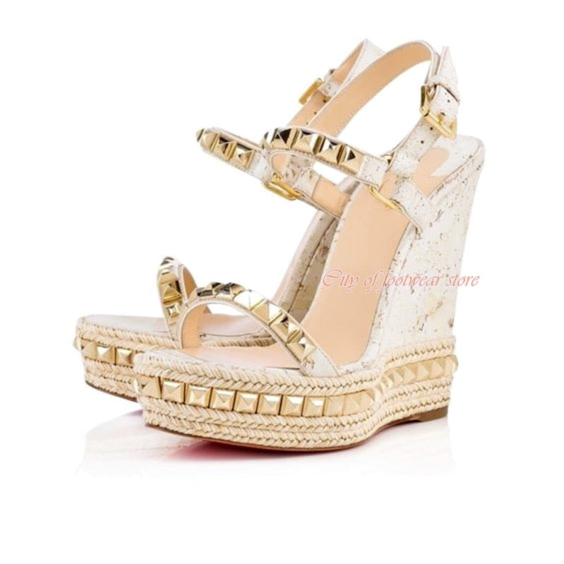 Women's Open Toe Platform Stud Espadrille Wedges Sandals Ankle Strap High Heeled Pump Luxury Designer Summer Beach Shoes Red as photo 3