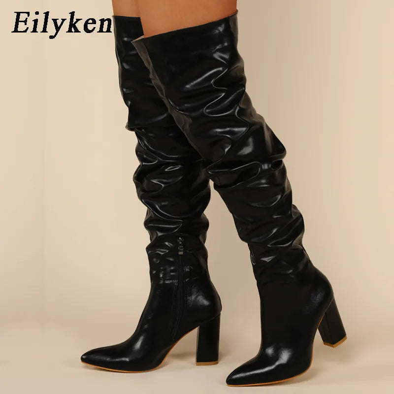 Eilyken Winter Women Over-the-Knee Boots Punk Style Square High Heel Zipper Shoes Pleated Pointed Toe Ladies Long Booties Black