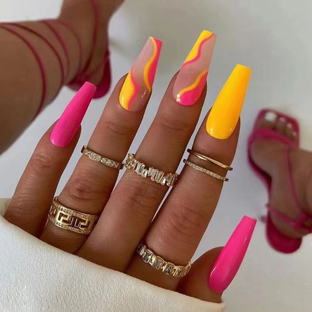 French Ballet False Nails With Gold Foil Glitter Designs Wearable Long Coffin Ballerina Press On Fake Nails Full Cover Nail Tips