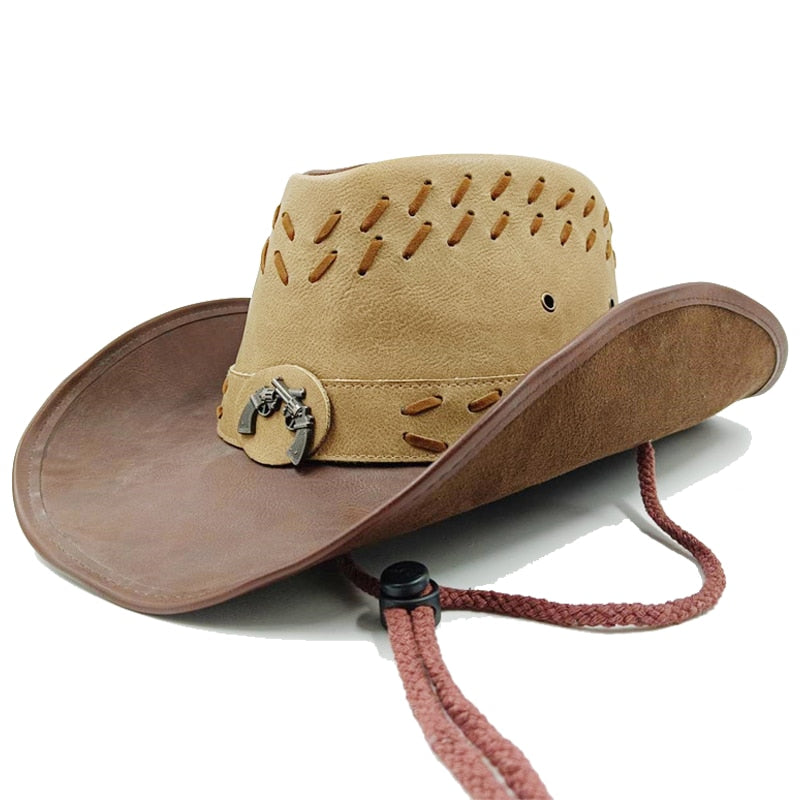 Retro Unisex Vintage Wide Brim Leather Cowboy Cowgirl Western Hat With Tassel Braid Leather Band Size 58-59CM