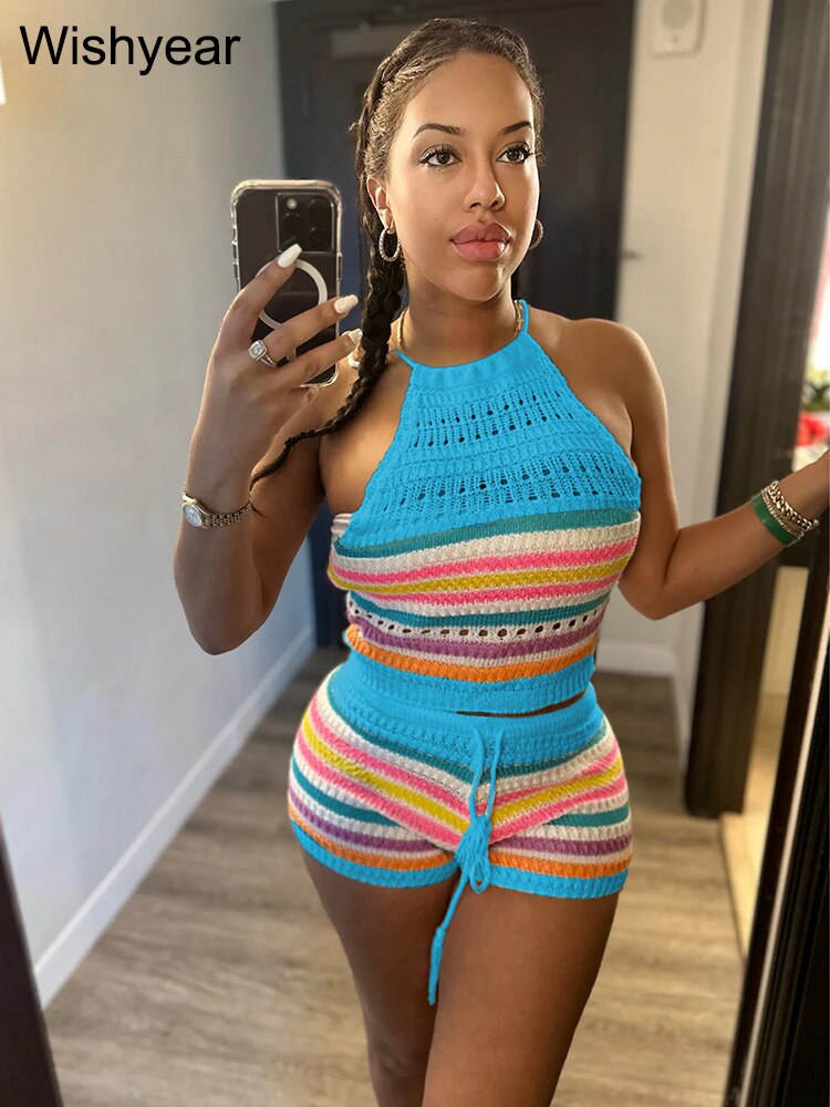 Wishyear Sexy Backless Halter Crop Top and Shorts Suit Two Piece Sets for Women Tracksuit Knitted Crochet Co Ord Summer Outfits Blue CN