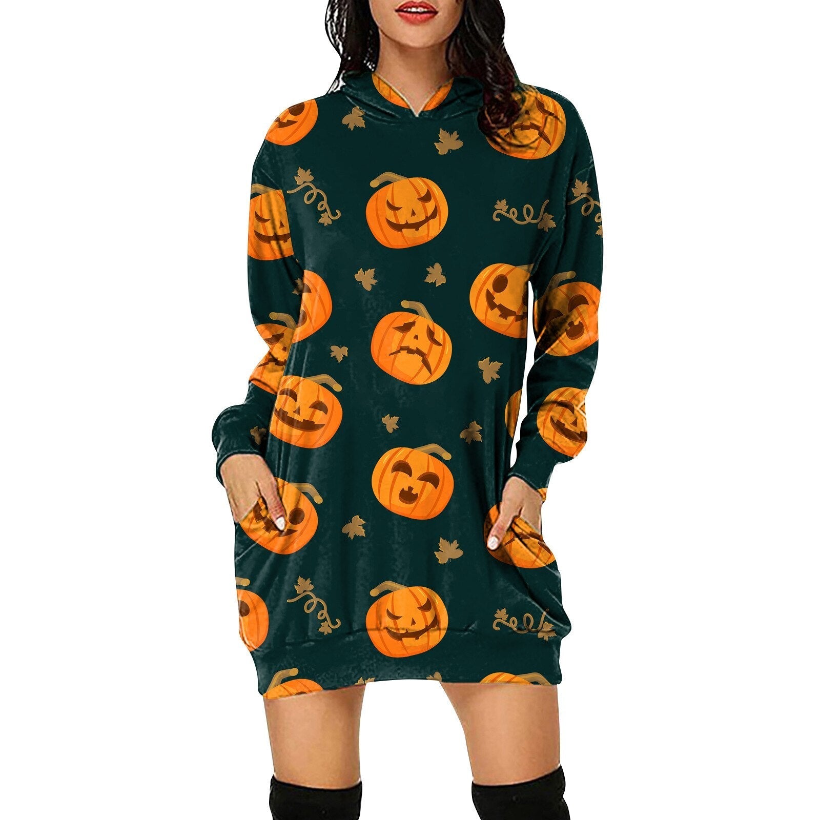 Women's Halloween Pumpkin Printed Sweater Hooded Long Sleeve Dress Sweatshirt Female Women Autumn Spring Casual Hoodies Clothes P03