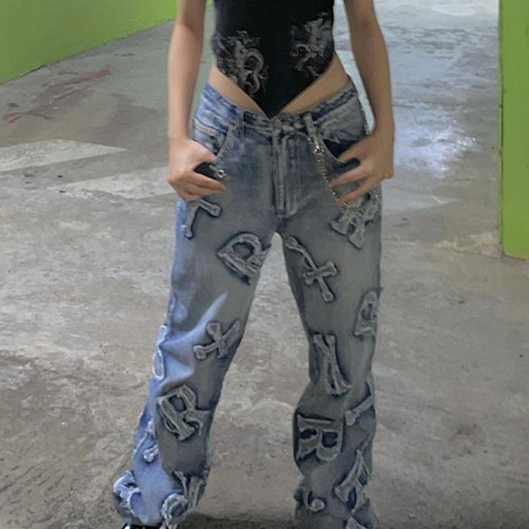 Rockmore Patchwork Women's Jeans Y2K Streetwear Baggy Straight Cargo Pants Punk High Waist Wide Leg Denim Trousers 90s Vintage Blue