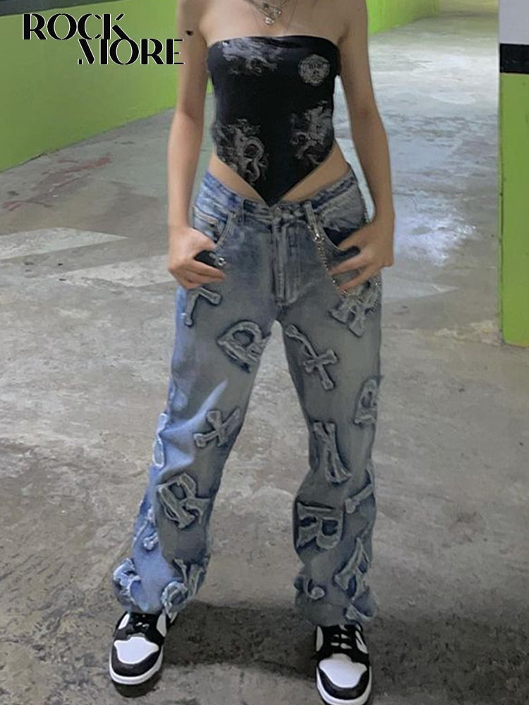 Rockmore Patchwork Women's Jeans Y2K Streetwear Baggy Straight Cargo Pants Punk High Waist Wide Leg Denim Trousers 90s Vintage Blue