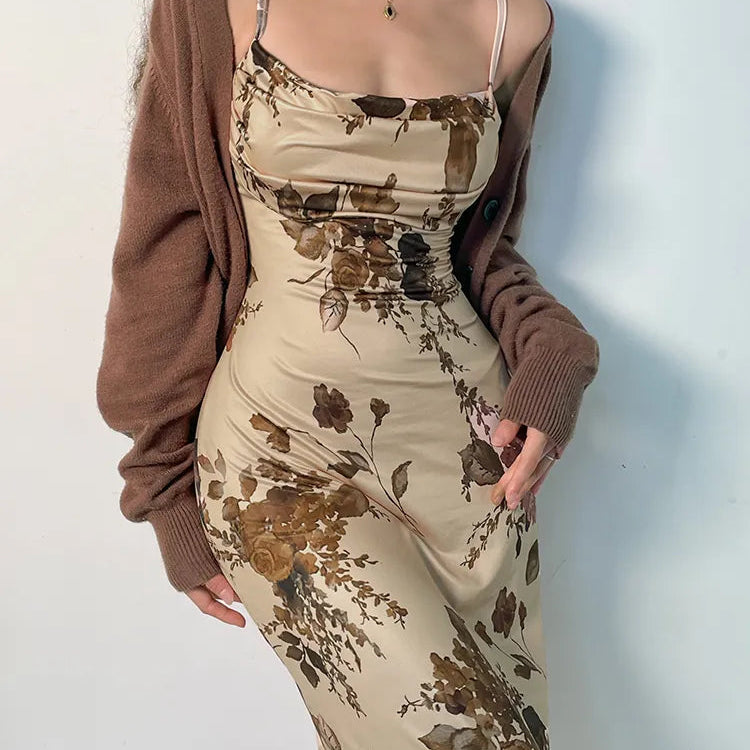 Y2K Vintage Party Long Dress Grunge Fairycore Print Maxi Dresses Elegant Beach Style Backless Sundress Women Clothes